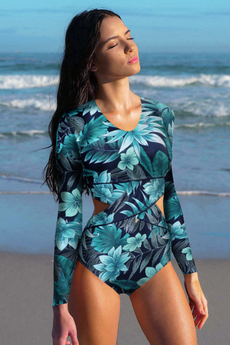 Allover Floral Cut Out Long Sleeve Zip UPF50+ Rash Guard