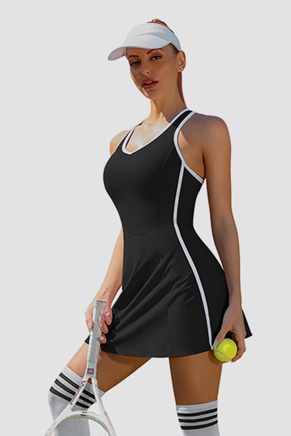 Black Women's Tennis Dress with Shorts Pockets and Bra V Neck Racerback Golf Outfits