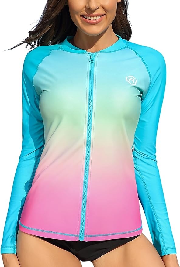 Color Gradient Zipper Long Sleeve Swim Shirt UPF50+ Rash