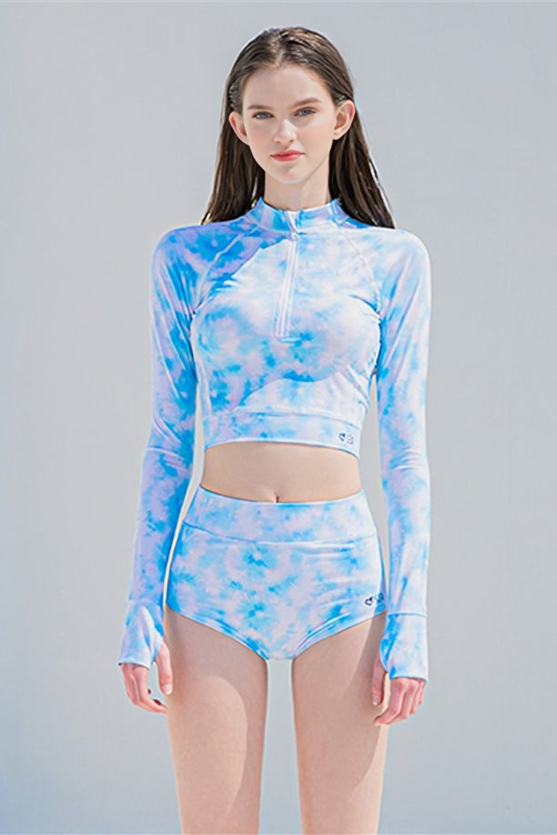 Fashionable and Sexy Tie Dye Print Long -Sleeved Swimsuit UPF50+ Rash Guard