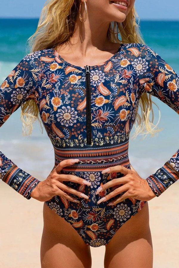 Paisley Printed Patchwork Long Sleeve Swimsuit One-piece UPF50+ Rash Guard