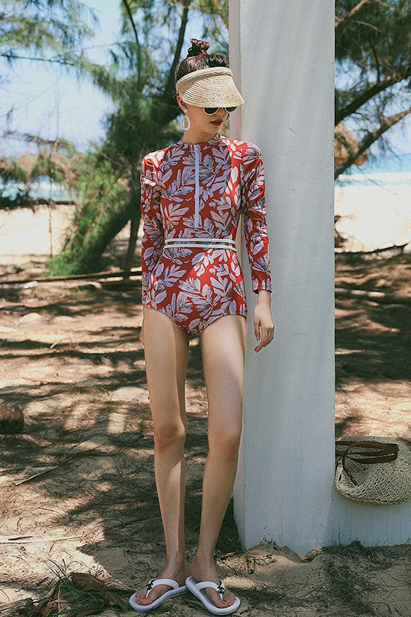 Sexy Backless One-Piece Red Bottom Leaf Print Swimsuit UPF50+ Rash Guard