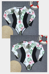 White Long Sleeve Floral Print Zip UPF50+ Rash Guard