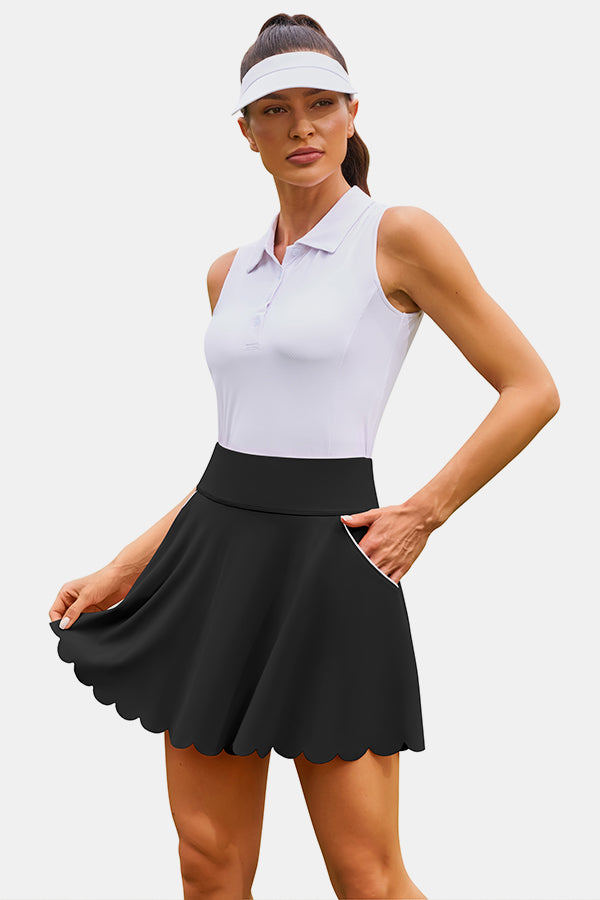 Black Scalloped High Waist Colorblock Pockets Tennis Skirt