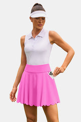 Pink Scalloped High Waist Colorblock Pockets Tennis Skirt