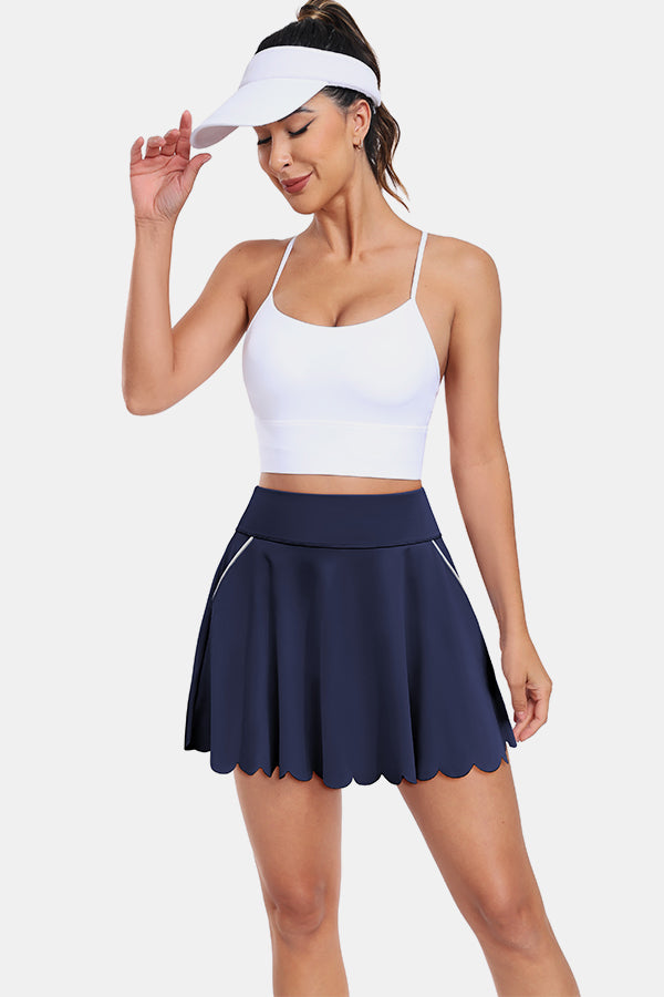 Navy Scalloped High Waist Colorblock Pockets Tennis Skirt