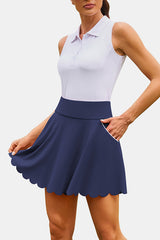 Navy Scalloped High Waist Colorblock Pockets Tennis Skirt