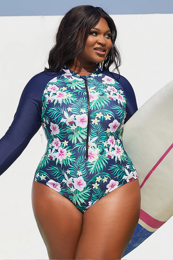 Clearance Tropical Flowers Print Long Sleeve Plus Size Swimsuit
