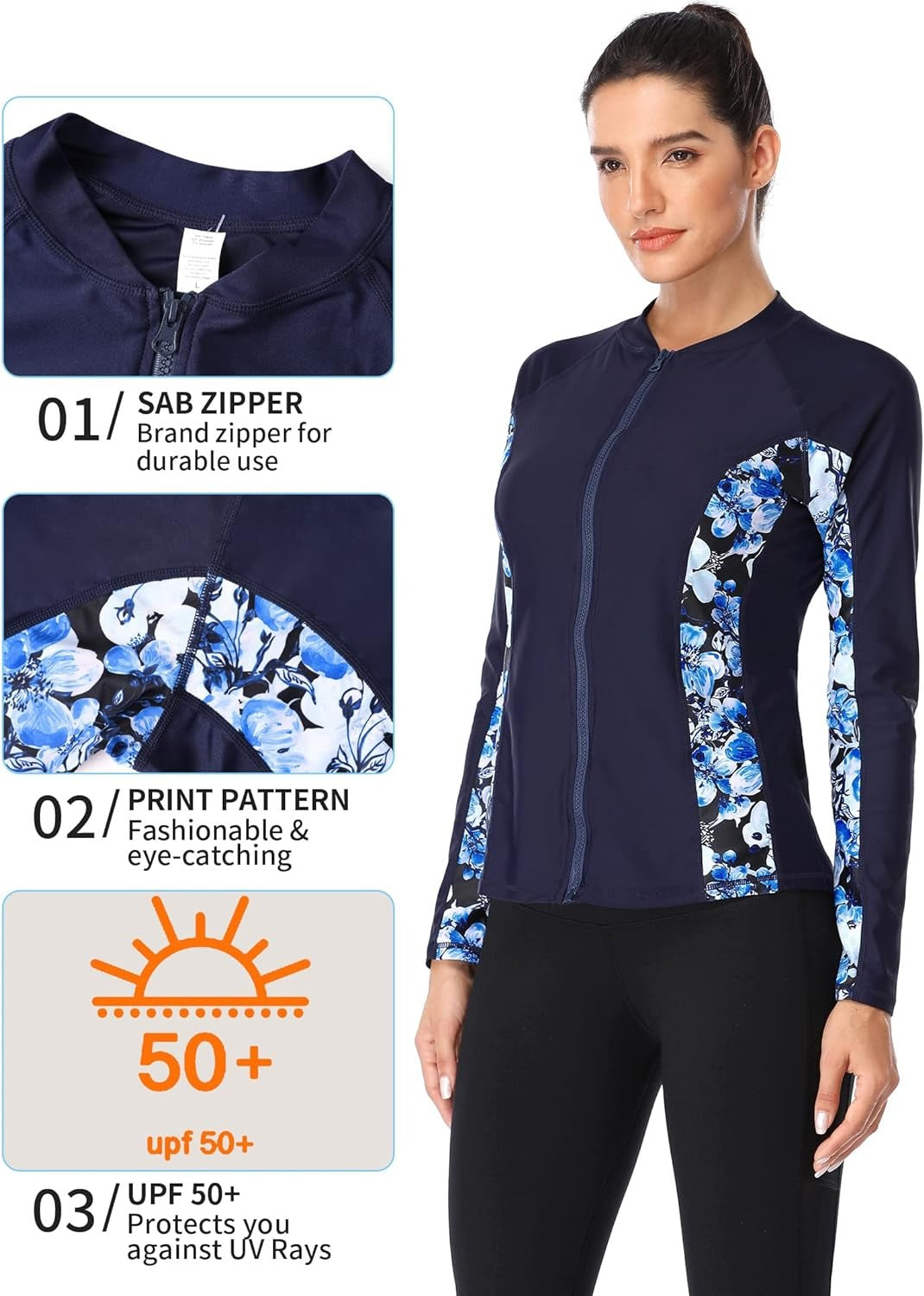 Muque de traje de baño de estampado para mujeres Camisa de natación con protección del sol delantero UPF 50+