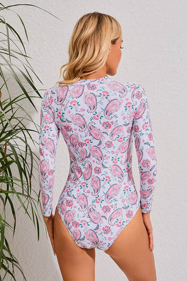 Paisley fond blanc imprimé une pièce maillot de bain à manches longues UPF50 Rash Guard