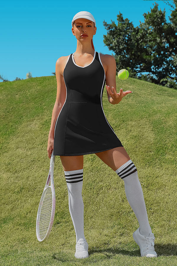 Black Women's Tennis Dress with Shorts Pockets and Bra V Neck Racerback Golf Outfits