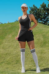 Black Women's Tennis Dress with Shorts Pockets and Bra V Neck Racerback Golf Outfits