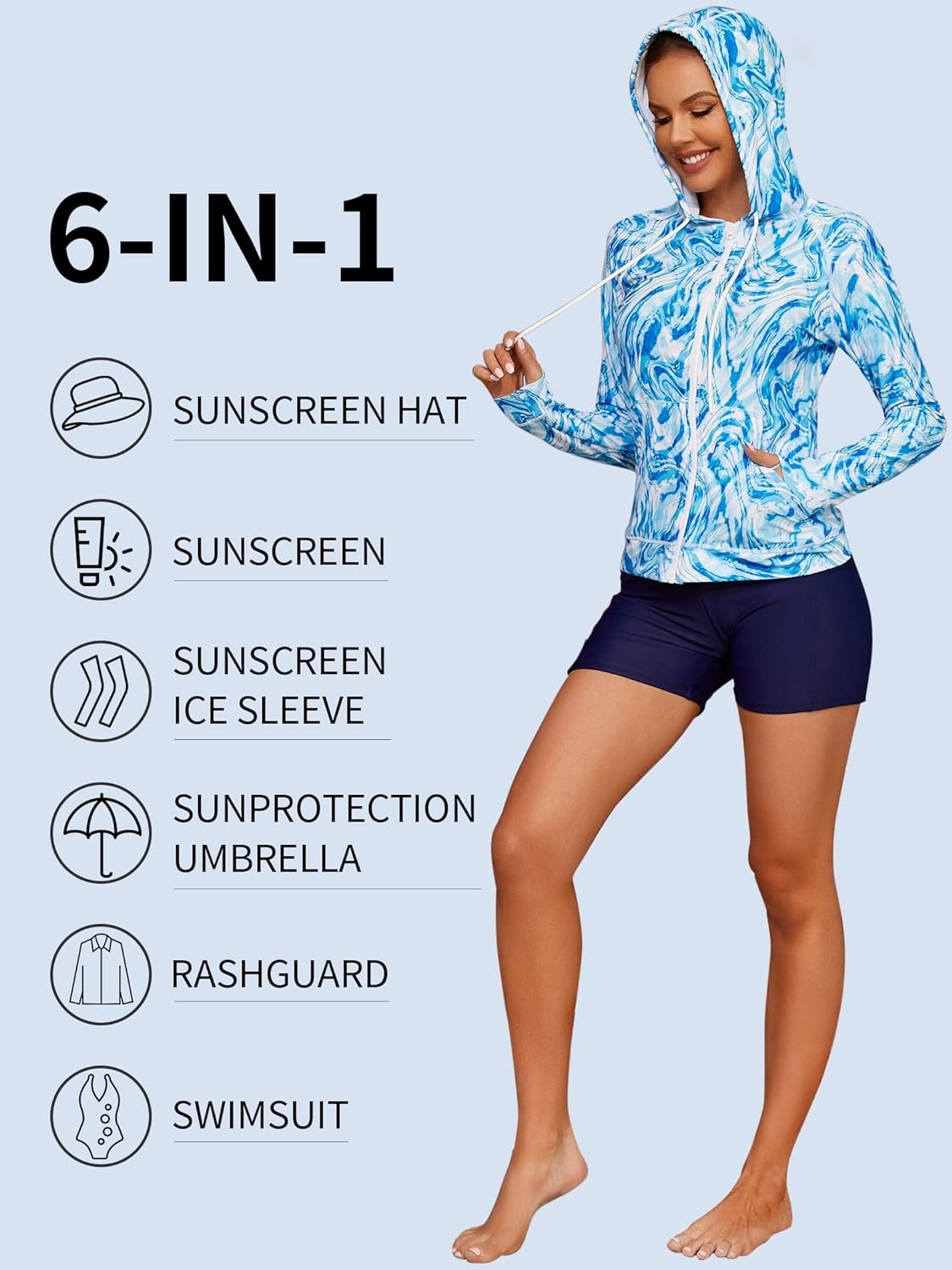 Blue and White Quick-Dry Long Sleeve Swimsuit UPF50+ Rash Guard