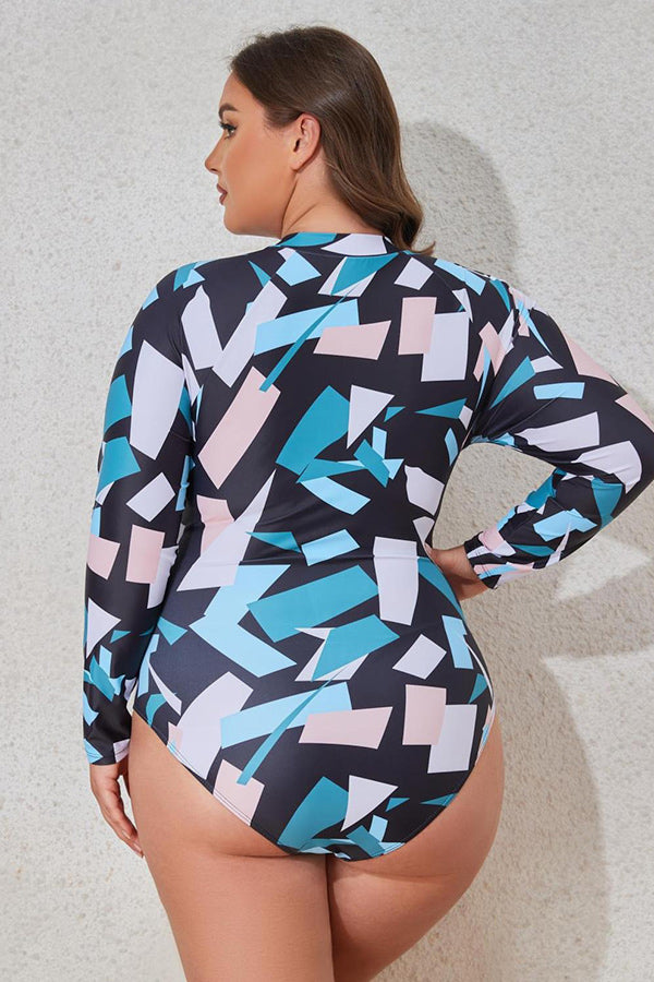 Plus Irregular Geometric Blue Print Long Sleeve Swimsuit UPF50+ Rash Guard