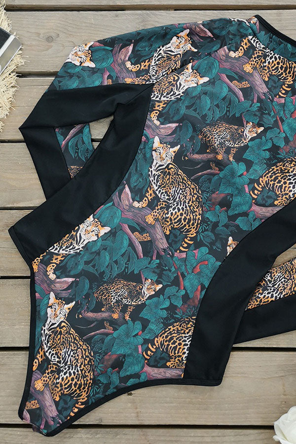 Costume da bagno a manica lunga nautica taglie forti con stampa leopardo selvaggio UPF50 Rash Guard