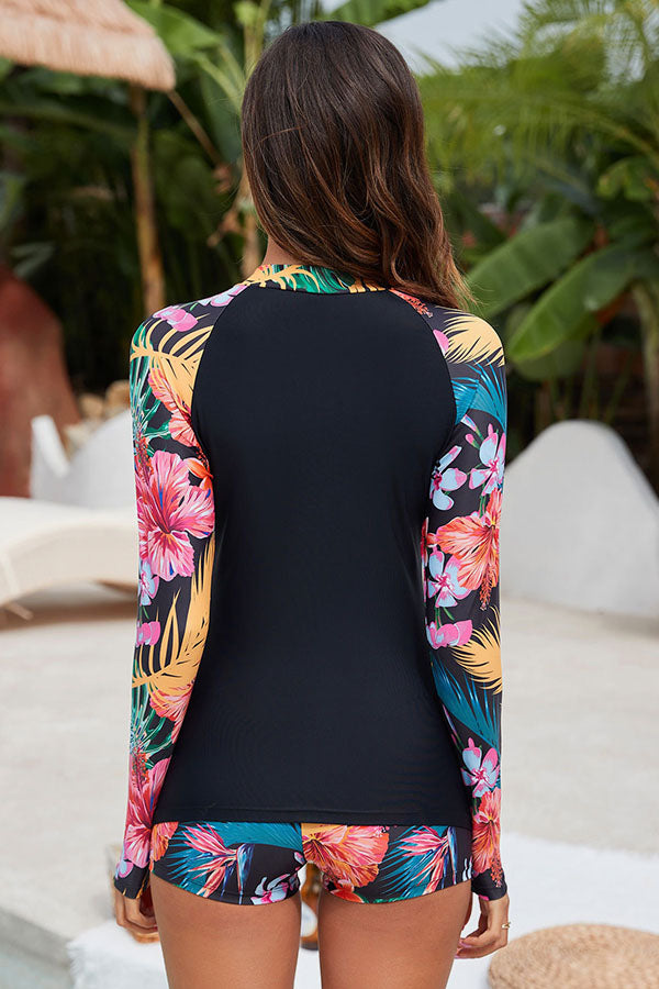 Women's Tropical Plant Print Long Sleeve Two-Piece Bathing Suits UPF50+ Rash Guard