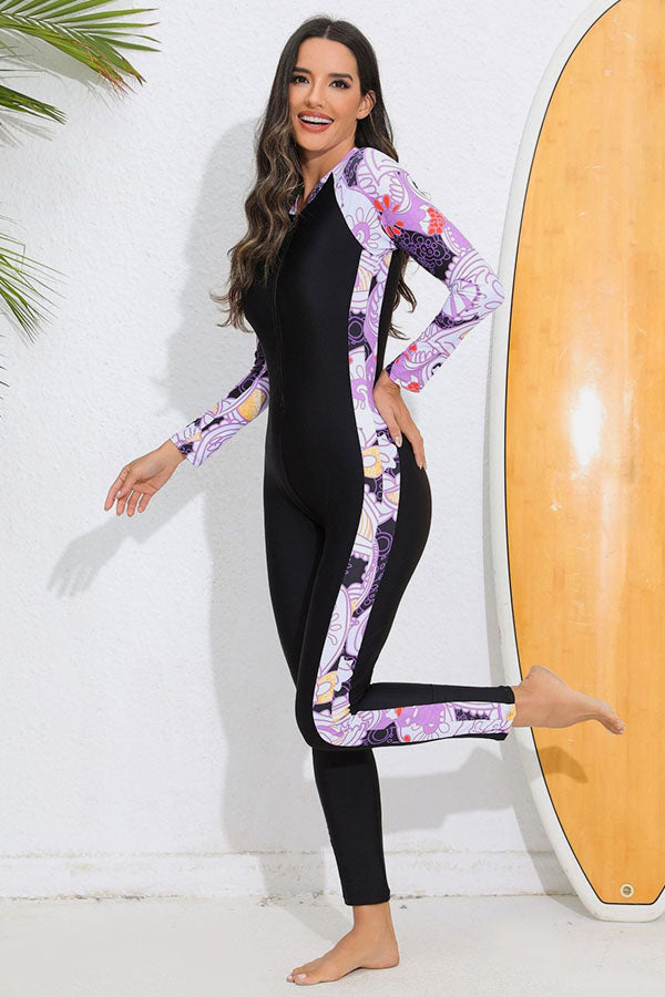 Women's Full-Coverage Brightly Purple Printed Sun Protection Wetsuit
