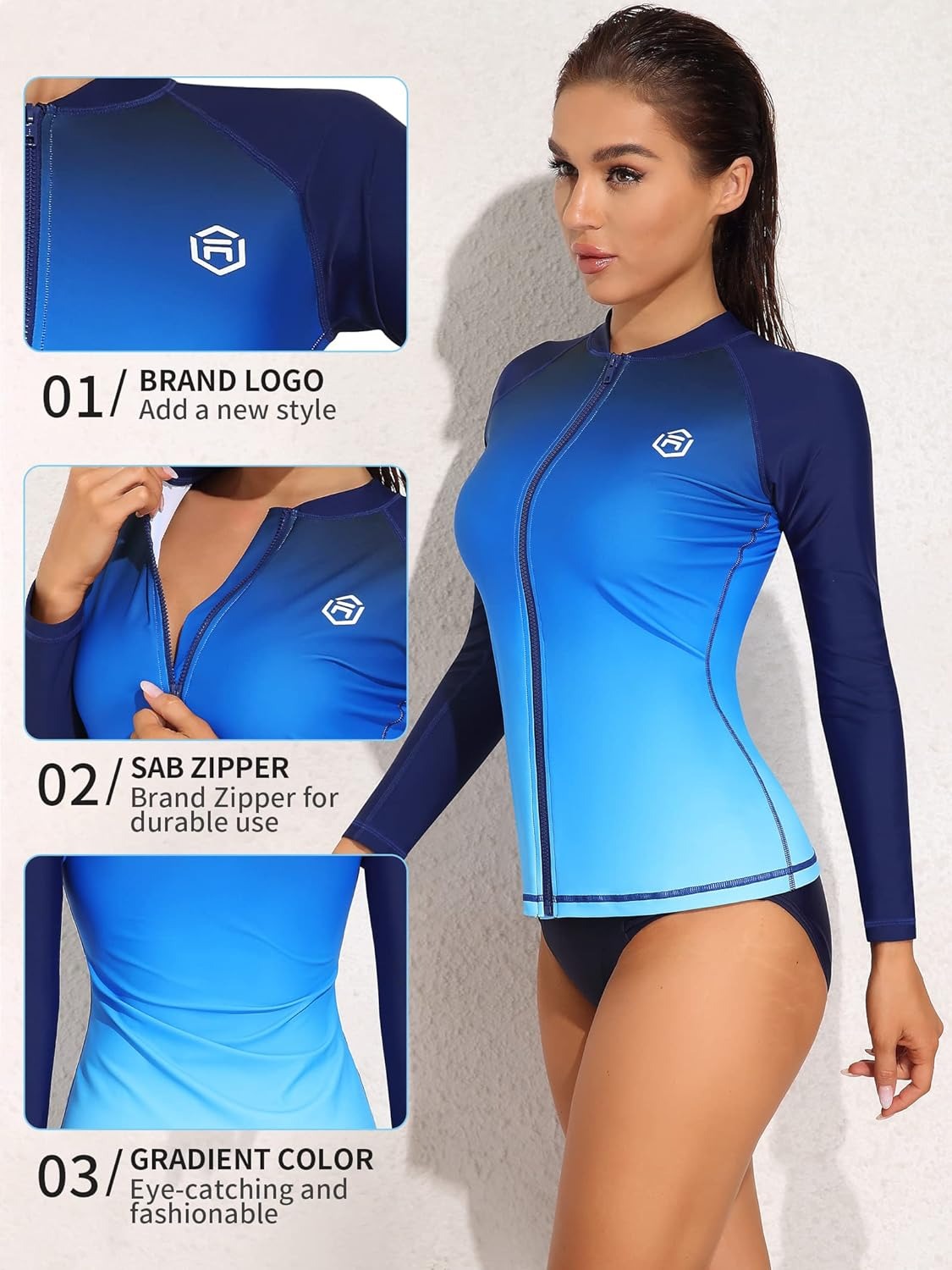 Blue Gradient Zipper Long Sleeve Swim Shirt UPF50+ Rash Guard