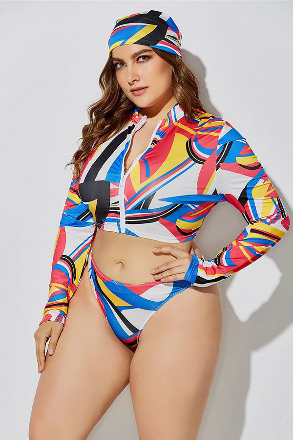 Plus Abstract Line Print Long Sleeve Swimsuit Rash Guard Set