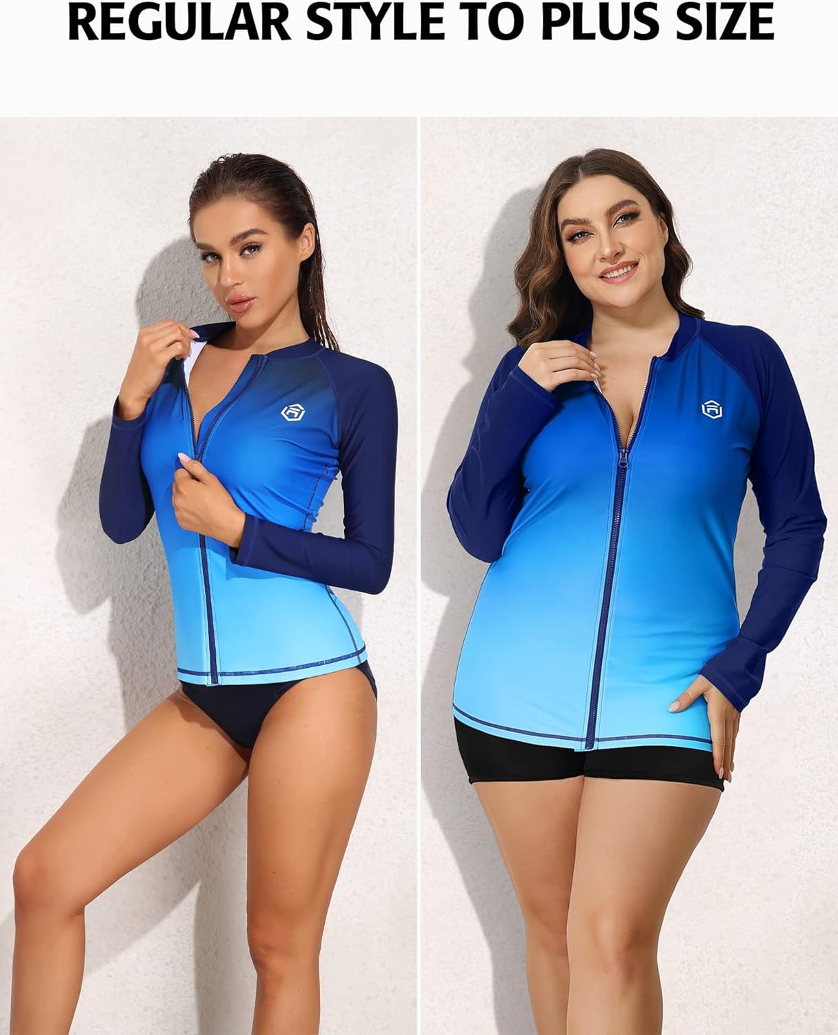 Blue Gradient Zipper Long Sleeve Swim Shirt UPF50+ Rash Guard