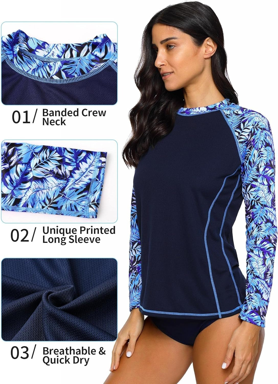 Blue Leaves Pattern Swim Shirts Long Sleeve Rash Guard UPF 50+