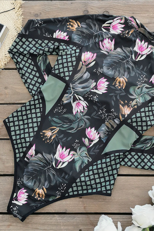 Women's Plus Size Nautical long Sleeve Swimsuit Floral Print UPF50+ Rash Guard