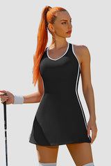 Black Women's Tennis Dress with Shorts Pockets and Bra V Neck Racerback Golf Outfits