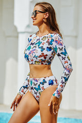 Clearance | Printed Backless Cropped Two Pieces Long Sleeve UPF50+ Rash Guard