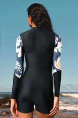 Black Floral Panel Boyleg Zip Long Sleeve UPF50+ Rash Guard