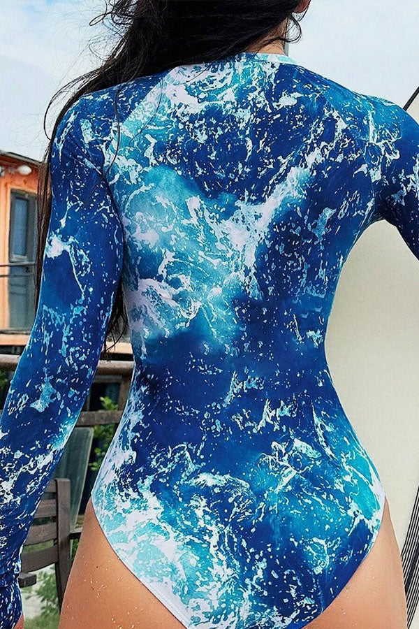 Printed Half Zipper Long Sleeve One-piece Swimsuit UPF50+ Rash Guard