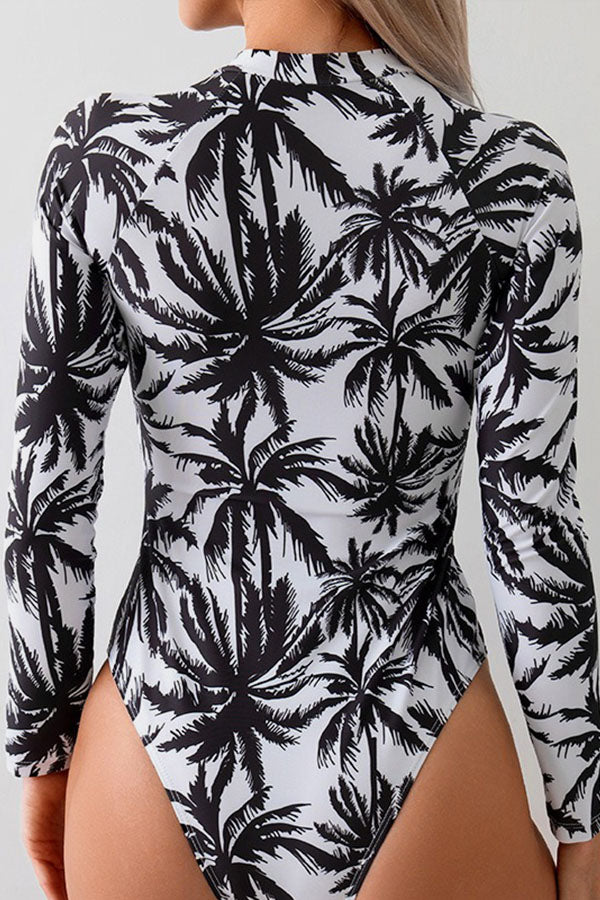 Coconut Tree Printed One Piece Long Sleeved Swimsuit UPF50+ Rash Guard