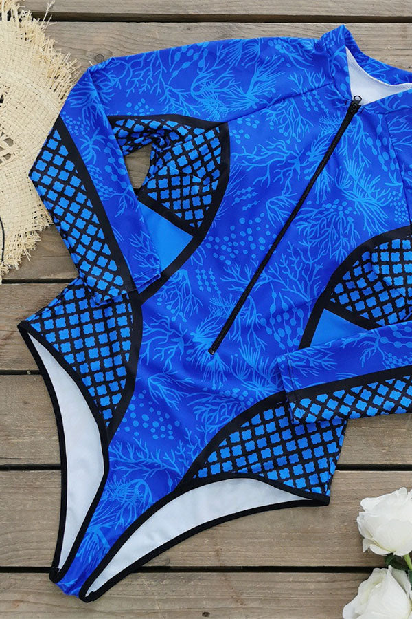 Women's Plus Size Nautical long Sleeve Swimsuit Blue Floral Print UPF50+ Rash Guard