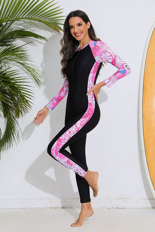 Women's Full-Coverage Brightly Pink Printed Sun Protection Wetsuit