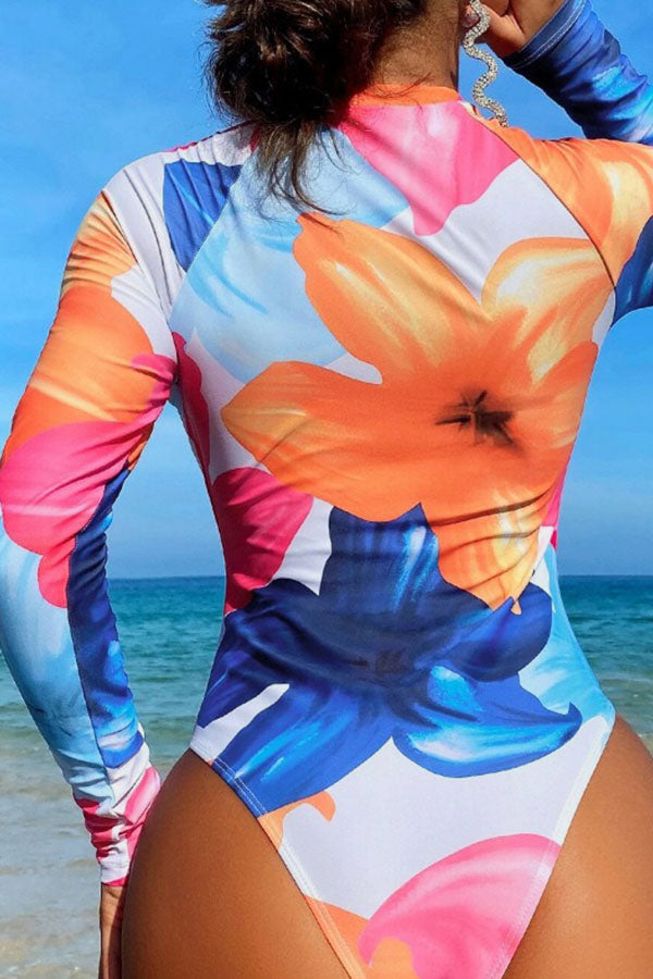 Chic Floral One-Piece Half-Zip Crew Neck Long Sleeve Swimsuit UPF50+ Rash Guard