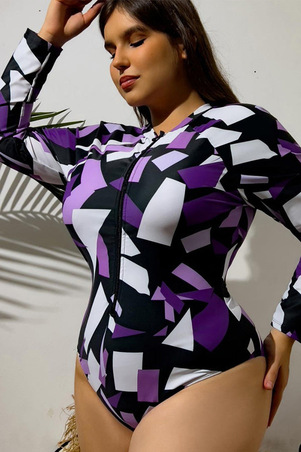 Plus Irregular Geometric Purple Print Long Sleeve Swimsuit UPF50+ Rash Guard