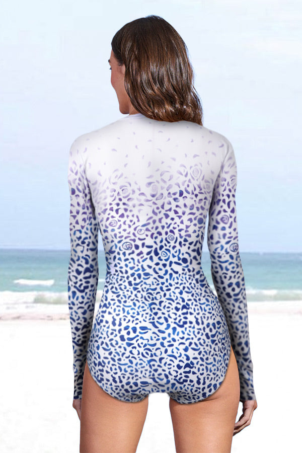 Leopard Print Front Zip Long Sleeve UPF50+ Rash Guard