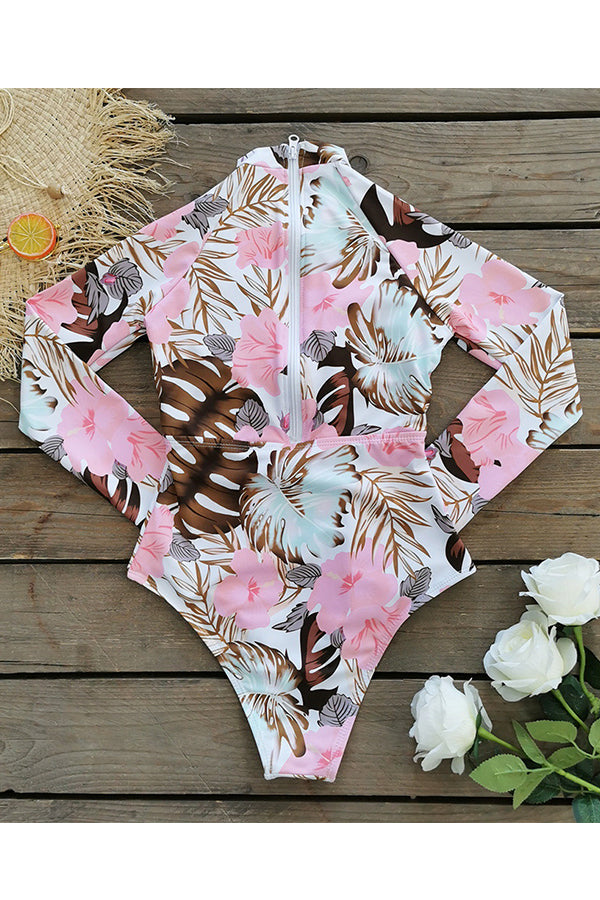 Pink Floral Cut Out Long Sleeve UPF 50+ Rash Guard