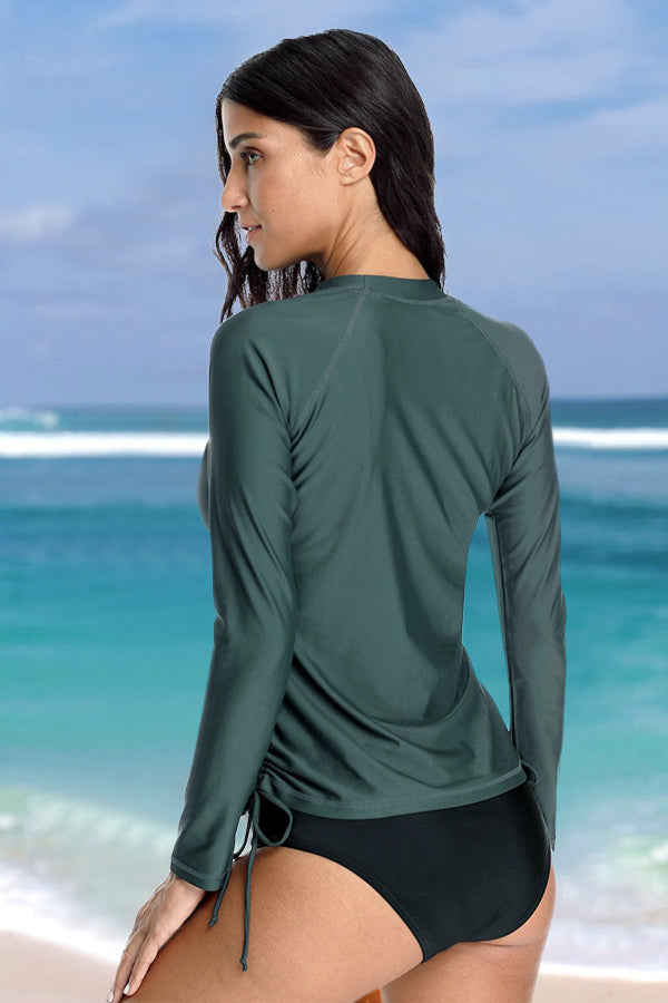 Women's Solid Grey Side Drawstring Long Sleeve UPF 50+ Rashguard