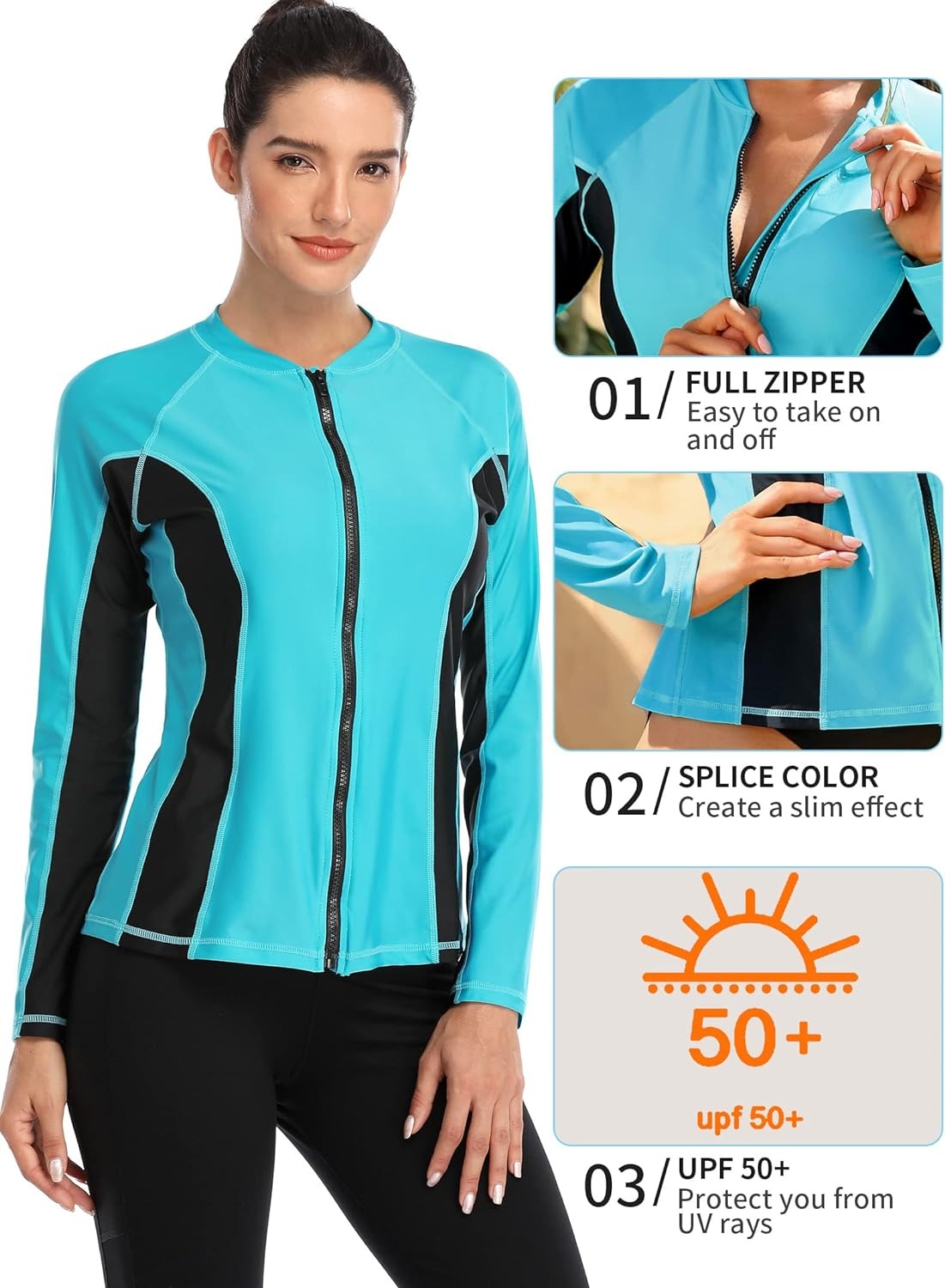 Aqua and Black Color-Block Long Sleeve Swim Shirt UPF50+ Rash Guard