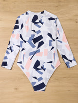 Plus Irregular Geometric White Print Long Sleeve Swimsuit UPF50+ Rash Guard