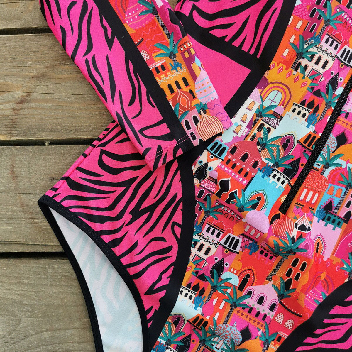 Plus Size Nautical long Sleeve Swimsuit Pink House Print UPF50+ Rash Guard