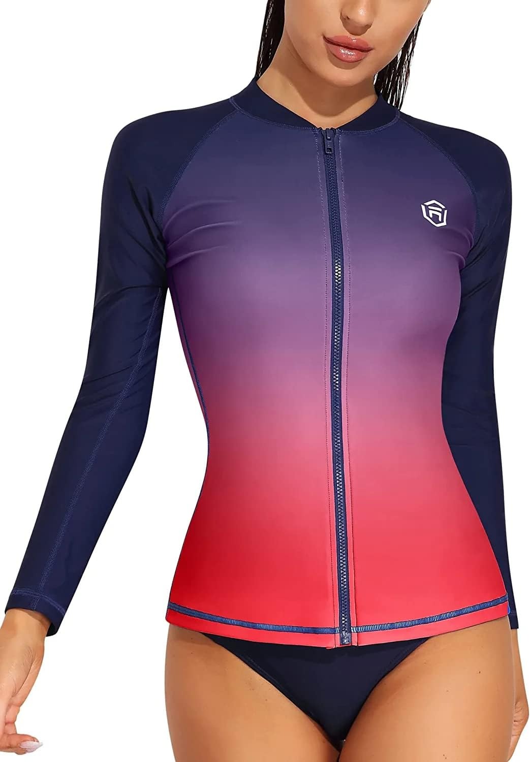 Black and Red Gradient Zipper Long Sleeve Swim Shirt UPF50+ Rash Guard