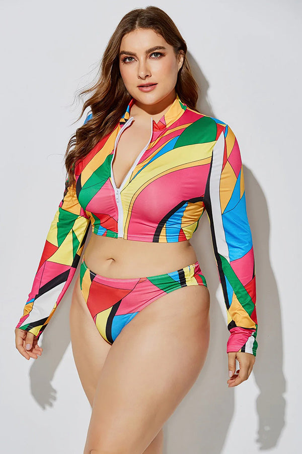 Tropical Leaft Print V Col Col Two Piece Rash Guard