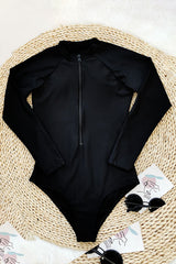 Black Plain Front Zip Long manga upf50+ sarpullido