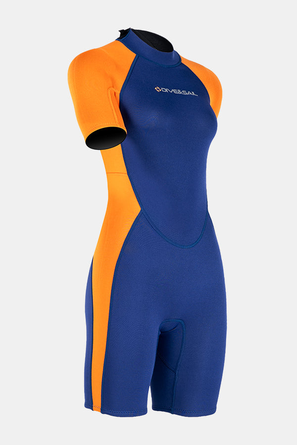 Combinaison féminine bleu marine à manches courtes 1,5 mm en une combinaison chaude et à l'épreuve du froid