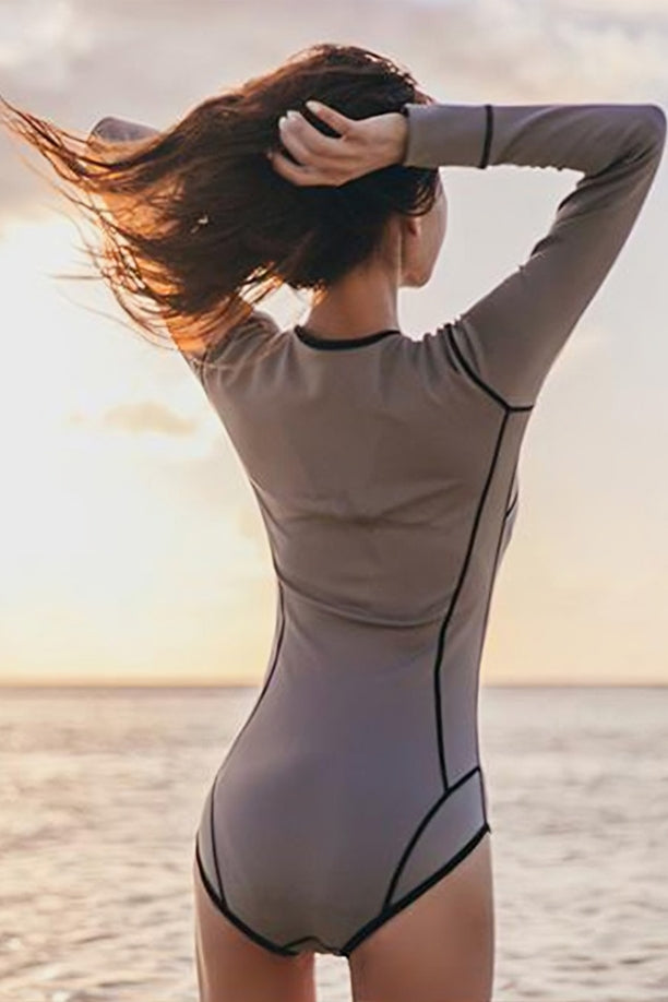 Slimming Gray Long Sleeve Zipper Triangle Swimsuit One Piece UPF50+ Rash Guard