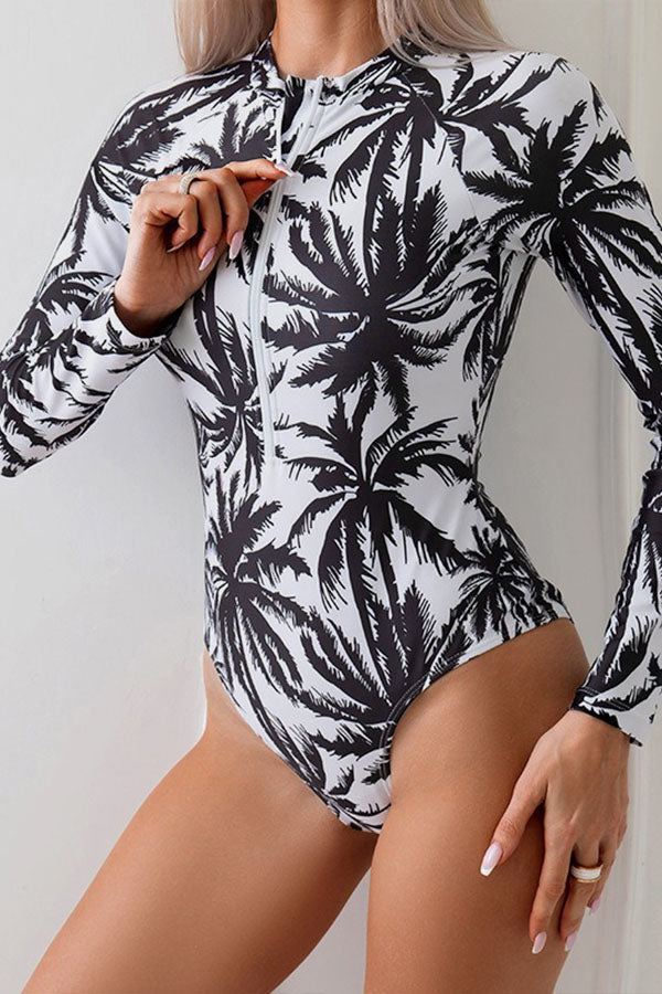 Coconut Tree Printed One Piece Long Sleeved Swimsuit UPF50+ Rash Guard