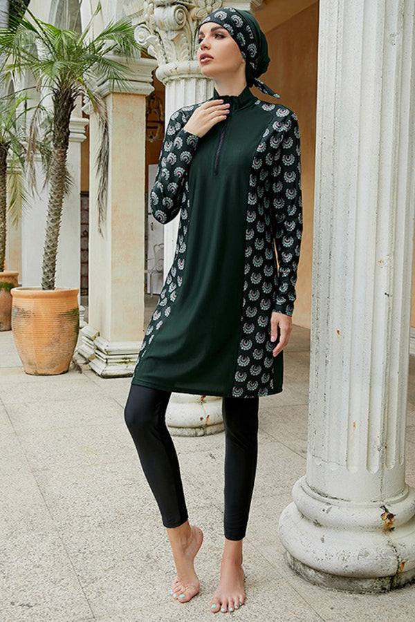 Modest Split Green Printed Three Pieces Long Sleeve UPF50+ Rash Guard