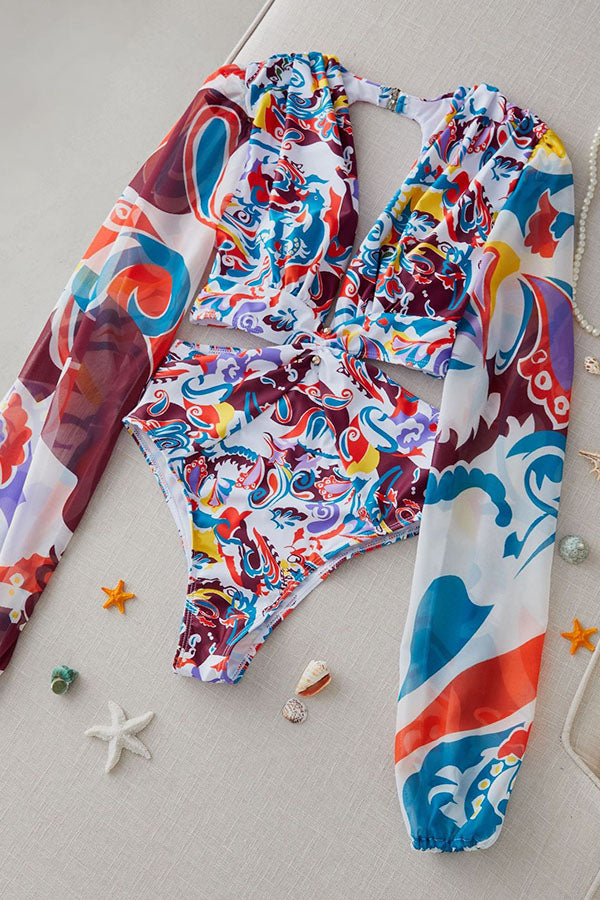 Printed Spun Long Sleeved High-Waisted Swimsuit Deep V One-Piece UPF50+ Rash Guard