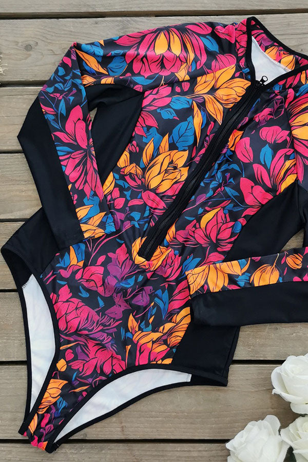 Women's Plus Size Nautical long Sleeve Swimsuit Floral Print UPF50+ Rash Guard